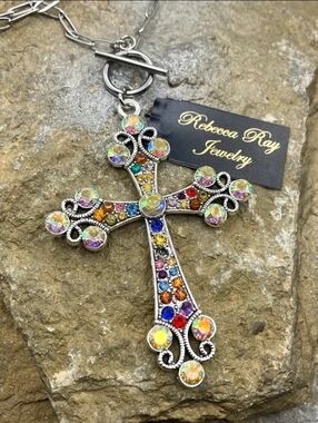 Rebecca Ray Multicolor Crystal Cross Necklace - Silver-Tone